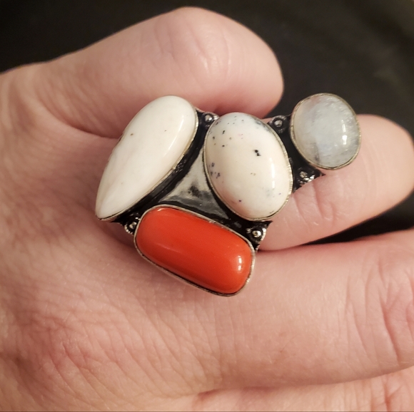New Dendritic Opal, Coral, Rainbow Moonstone 925 Silver Statement Ring. - Picture 12 of 14